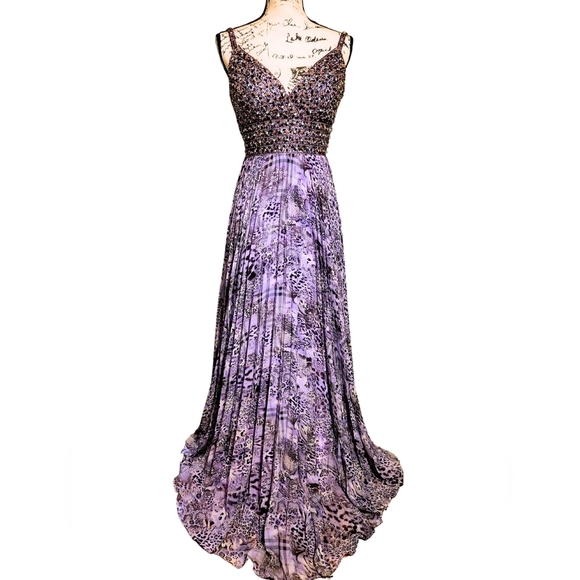 Tony Bowls La Gala Purple Leopard Pleated Maxi Gown - Picture 4 of 14